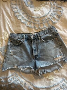 Agolde High-Rise Distressed Denim Shorts in Light Blue